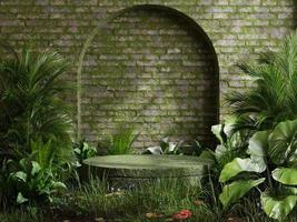 podio musgoso en bosque tropical para presentación de productos y fondo de musgo de pared. representación de ilustración 3d foto