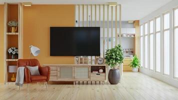 la maqueta de tv de la habitación en tonos cálidos tiene una pared naranja frente a la cocina. representación de ilustración 3d