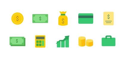 financiar dinero conjunto de iconos simple plano verde amarillo colorido símbolo dinero moneda tarjeta gráfico calculadora ilustración vector