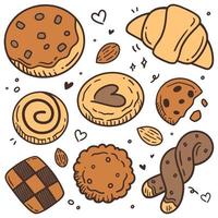 Lindo doodle dibujos animados panadería y conjunto de galletas ilustración vectorial vector