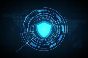 Vector shield with eorld map glowing effect. Security data concept.
