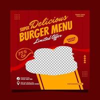 plantilla de publicación de redes sociales de menú de hamburguesas súper deliciosas vector