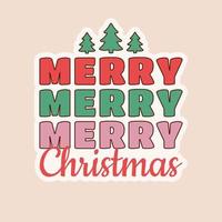 Merry Christmas groovy sticker in trendy hippie retro 1970s style with Christmas trees. vector