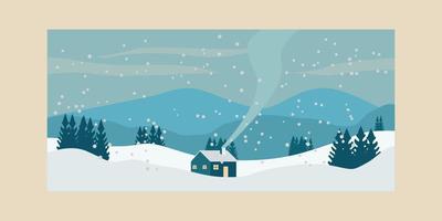 Cabin vintage poster winter with pine tree mountain snow background illustration design vector