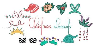 conjunto de elementos navideños diseñado en estilo garabato sobre un fondo blanco para decoraciones temáticas navideñas, diseño de tarjetas, impresiones digitales, pegatinas, regalos, álbumes de recortes y más. vector