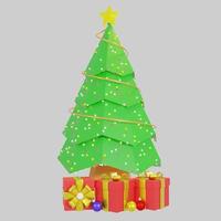 Ilustración 3d árbol de navidad y caja de regalos aislado sobre fondo blanco. foto