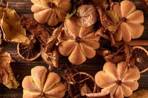 Homemade cookies in shape of pumpkin in autumn leaves. photo
