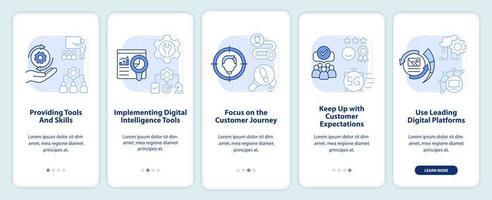 Digital first strategy light blue onboarding mobile app screen. Walkthrough 5 steps graphic instructions pages with linear concepts. UI, UX, GUI template. vector