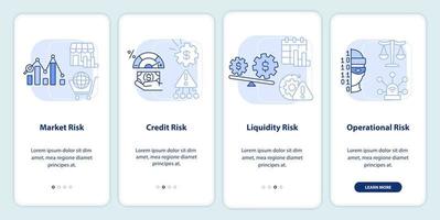 Risk categories light blue onboarding mobile app screen. Business plan walkthrough 4 steps graphic instructions pages with linear concepts. UI, UX, GUI template. vector