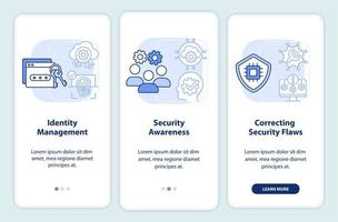 Cybersecurity risk management light blue onboarding mobile app screen. Walkthrough 3 steps graphic instructions pages with linear concepts. UI, UX, GUI template. vector