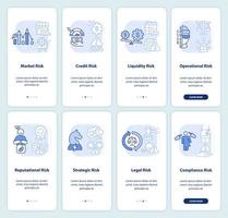 Risk categories light blue onboarding mobile app screen set. Management walkthrough 4 steps graphic instructions pages with linear concepts. UI, UX, GUI template. vector