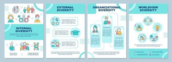 Workplace diversity turquoise brochure template. Team work. Leaflet design with linear icons. Editable 4 vector layouts for presentation, annual reports.