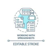 Working with spreadsheets turquoise concept icon. Programming skills abstract idea thin line illustration. Isolated outline drawing. Editable stroke. vector