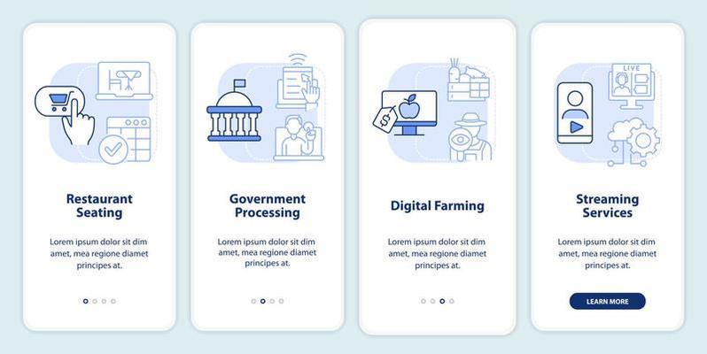 Digital first services light blue onboarding mobile app screen. Ecommerce walkthrough 4 steps graphic instructions pages with linear concepts. UI, UX, GUI template.
