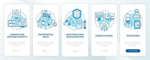 Habilidades de desarrollo de programas Pantalla azul de incorporación de la aplicación móvil. tutorial 5 pasos páginas de instrucciones gráficas con conceptos lineales. interfaz de usuario, ux, plantilla de interfaz gráfica de usuario. vector