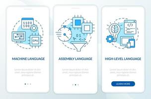 tipos de lenguajes informáticos pantalla de aplicación móvil de incorporación azul. tutorial 3 pasos páginas de instrucciones gráficas con conceptos lineales. interfaz de usuario, ux, plantilla de interfaz gráfica de usuario. vector