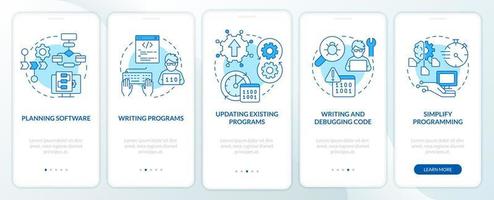 Programming skills blue onboarding mobile app screen. Program developing walkthrough 5 steps graphic instructions pages with linear concepts. UI, UX, GUI template. vector