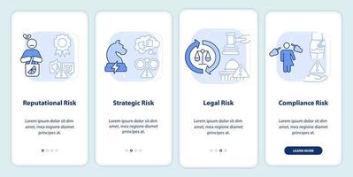 Risk categorizations light blue onboarding mobile app screen. Issues walkthrough 4 steps graphic instructions pages with linear concepts. UI, UX, GUI template. vector