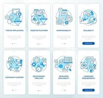 Programming language choice blue onboarding mobile app screen set. Walkthrough 5 steps graphic instructions pages with linear concepts. UI, UX, GUI template. vector