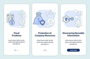 Risk management benefits light blue onboarding mobile app screen. Walkthrough 3 steps graphic instructions pages with linear concepts. UI, UX, GUI template. vector