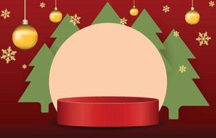 Red Christmas podium decorated with pine trees. Empty cylinder mockup background image concept. Vector for design sales and product advertising materials.