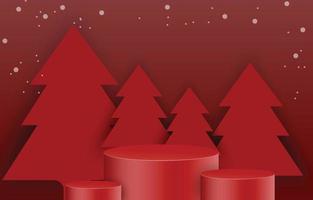 Red Christmas podium decorated with pine trees. Empty cylinder mockup background image concept. Vector for design sales and product advertising materials.