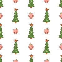 Groovy Christmas pattern. Retro 70s Hippie Groovy Christmas tree background, groovy smiling face symbol. Retro 60s print for winter holiday. Vintage surface design, wrapping paper. Vector illustration