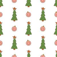 maravilloso patrón navideño. fondo de árbol de navidad hippie retro de los años 70, símbolo de cara sonriente maravilloso. Impresión retro de los años 60 para vacaciones de invierno. diseño de superficie vintage, papel de regalo. ilustración vectorial vector