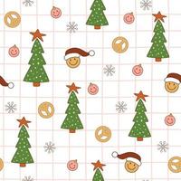 Groovy Christmas pattern. Retro 70s Hippie Groovy Christmas tree background, groovy Santa, peace symbol. Groovy checkered print. Vintage 60s surface design, wrap paper, package. Vector illustration.