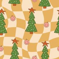 Groovy Christmas seamless pattern. Retro 70s Hippie Groovy Christmas tree background retro 60s smiling face. Groovy checkered background for winter holiday Vintage surface design. Vector illustration.