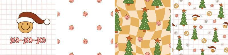 Groovy Christmas pattern set. Retro 70s Hippie Groovy Christmas tree, groovy Santa, peace symbol in retro checkered seamless background. Winter holiday seventies surface design. Vector illustration.