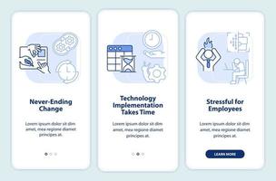 Digital transformation cons light blue onboarding mobile app screen. Walkthrough 3 steps graphic instructions pages with linear concepts. UI, UX, GUI template. vector