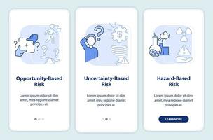 Risks types light blue onboarding mobile app screen. Problems analysing walkthrough 3 steps graphic instructions pages with linear concepts. UI, UX, GUI template. vector