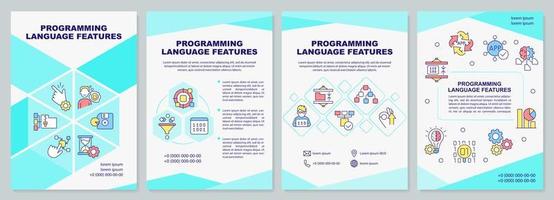 Programming language features brochure template. Writing code. Leaflet design with linear icons. 4 vector layouts for presentation, annual reports.