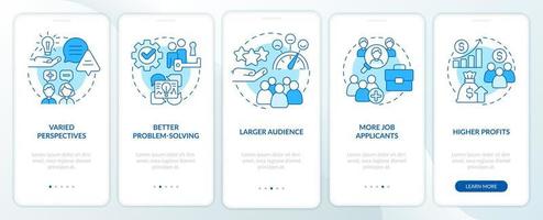 Workplace diversity advantages blue onboarding mobile app screen. Walkthrough 5 steps editable graphic instructions with linear concepts. UI, UX, GUI template. vector