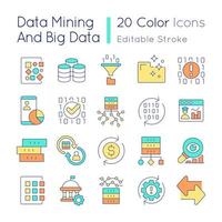 Data mining and big data RGB color icons set. Computing analytics. Isolated vector illustrations. Computer science. Simple filled line drawings collection. Editable stroke.