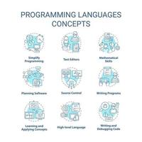 Conjunto de iconos de concepto turquesa de lenguajes de programación. código de escritura. ilustraciones de color de línea delgada de idea de ciencia informática. símbolos aislados. trazo editable. vector