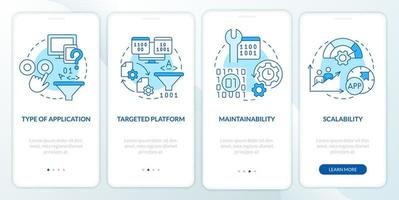 Programing language choice criteria blue onboarding mobile app screen. Walkthrough 4 steps graphic instructions pages with linear concepts. UI, UX, GUI template. vector