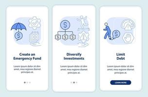 Steps to risk management light blue onboarding mobile app screen. Walkthrough 3 steps graphic instructions pages with linear concepts. UI, UX, GUI template. vector