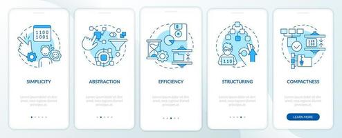 características de los lenguajes de programación pantalla de aplicación móvil de incorporación azul. tutorial 5 pasos páginas de instrucciones gráficas con conceptos lineales. interfaz de usuario, ux, plantilla de interfaz gráfica de usuario. vector