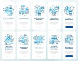 conjunto de pantalla de aplicación móvil de incorporación azul de habilidades de programador profesional. tutorial 5 pasos páginas de instrucciones gráficas con conceptos lineales. interfaz de usuario, ux, plantilla de interfaz gráfica de usuario. .. vector