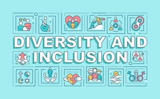 banner turquesa de conceptos de palabras de diversidad e inclusión. infografías con iconos editables sobre fondo de color. tipografía aislada. ilustración vectorial con texto. vector