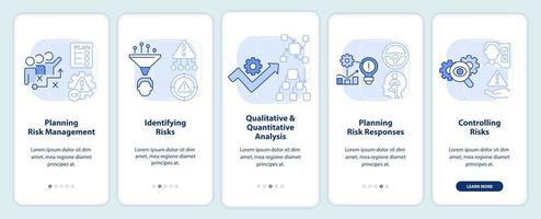 proceso de gestión de riesgos pantalla de aplicación móvil de incorporación azul claro. plan tutorial 5 pasos páginas de instrucciones gráficas con conceptos lineales. interfaz de usuario, ux, plantilla de interfaz gráfica de usuario. vector