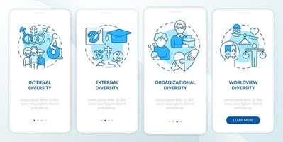 Workplace diversity blue onboarding mobile app screen. Tolerance walkthrough 4 steps editable graphic instructions with linear concepts. UI, UX, GUI template. vector