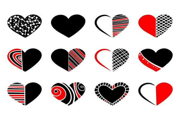 Heart icon set. Black and red. Isolated on white background.