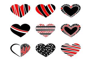 Heart icon set. Black and red. Isolated on white background. vector