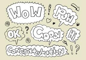 Hand drawn set of speech bubbles with handwritten short phrases  wow,ok,pow,hi,good and congratulation. vector illustration.