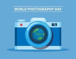 World Photography Day with Camera and earth in lens symbol illustration vector