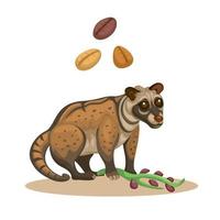 animal de civeta con vector de ilustración de dibujos animados de granos de café tradicionales asiáticos