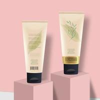 Cosmetic design template. Hand cream, cream tube, toothpaste on a pink background with a glossy black cap. Layout. Foreground. vector